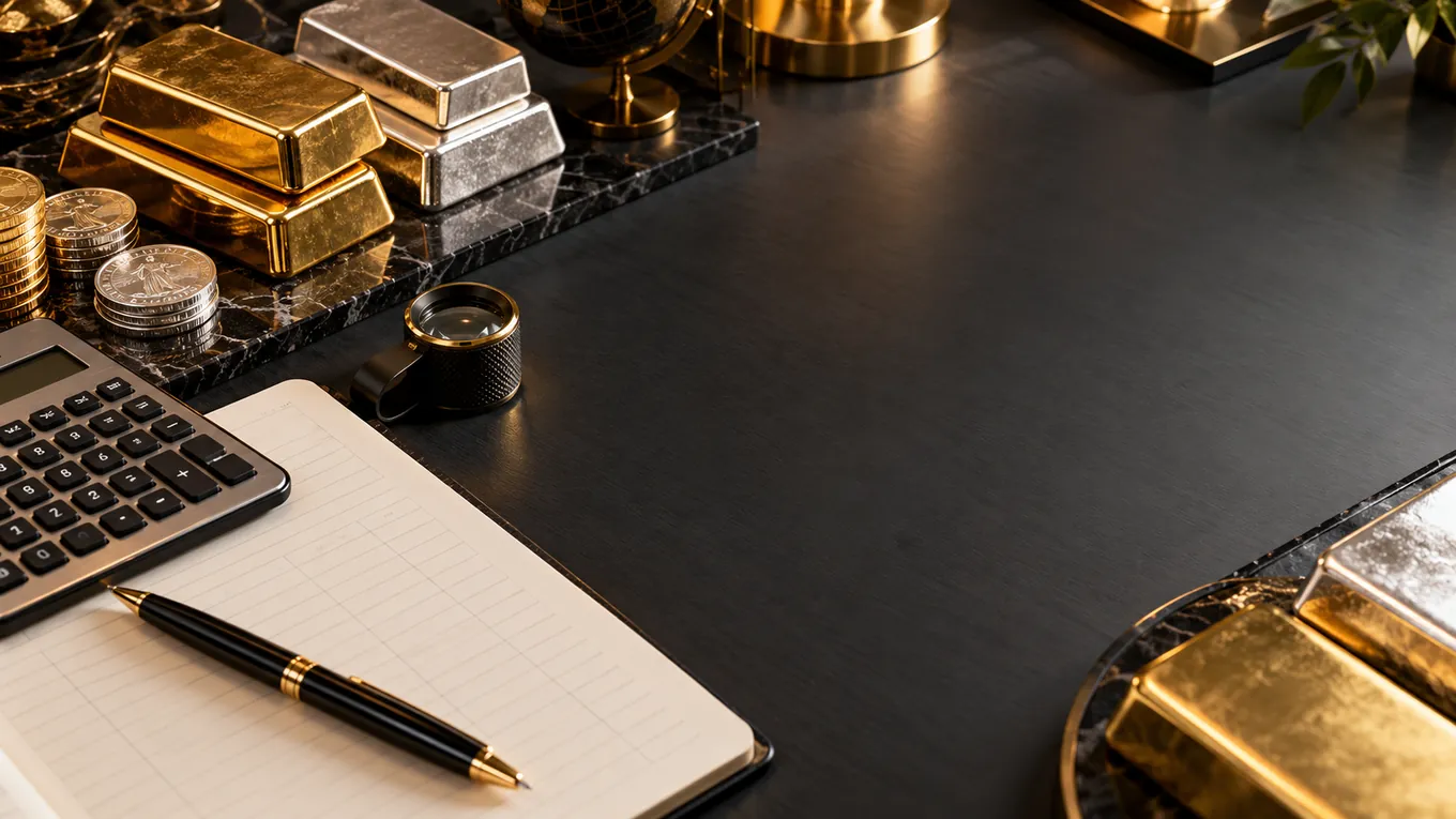 Gold and silver bullion beside a calculator and blank ledger